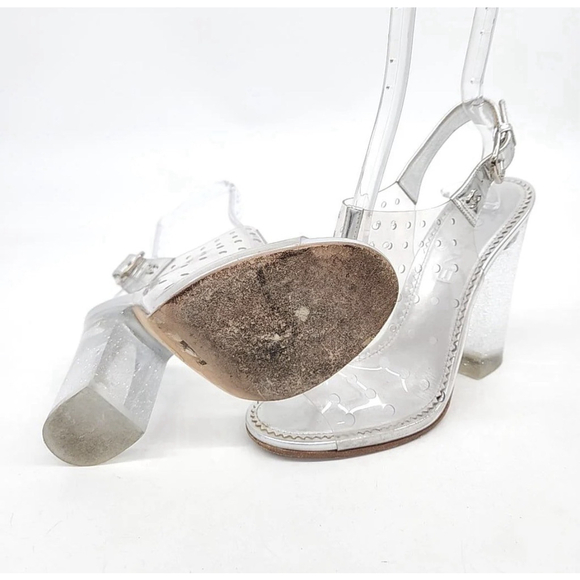 CHANEL Silver Leather And Clear Perforated PVC Slingback Heels - Picture 5 of 16